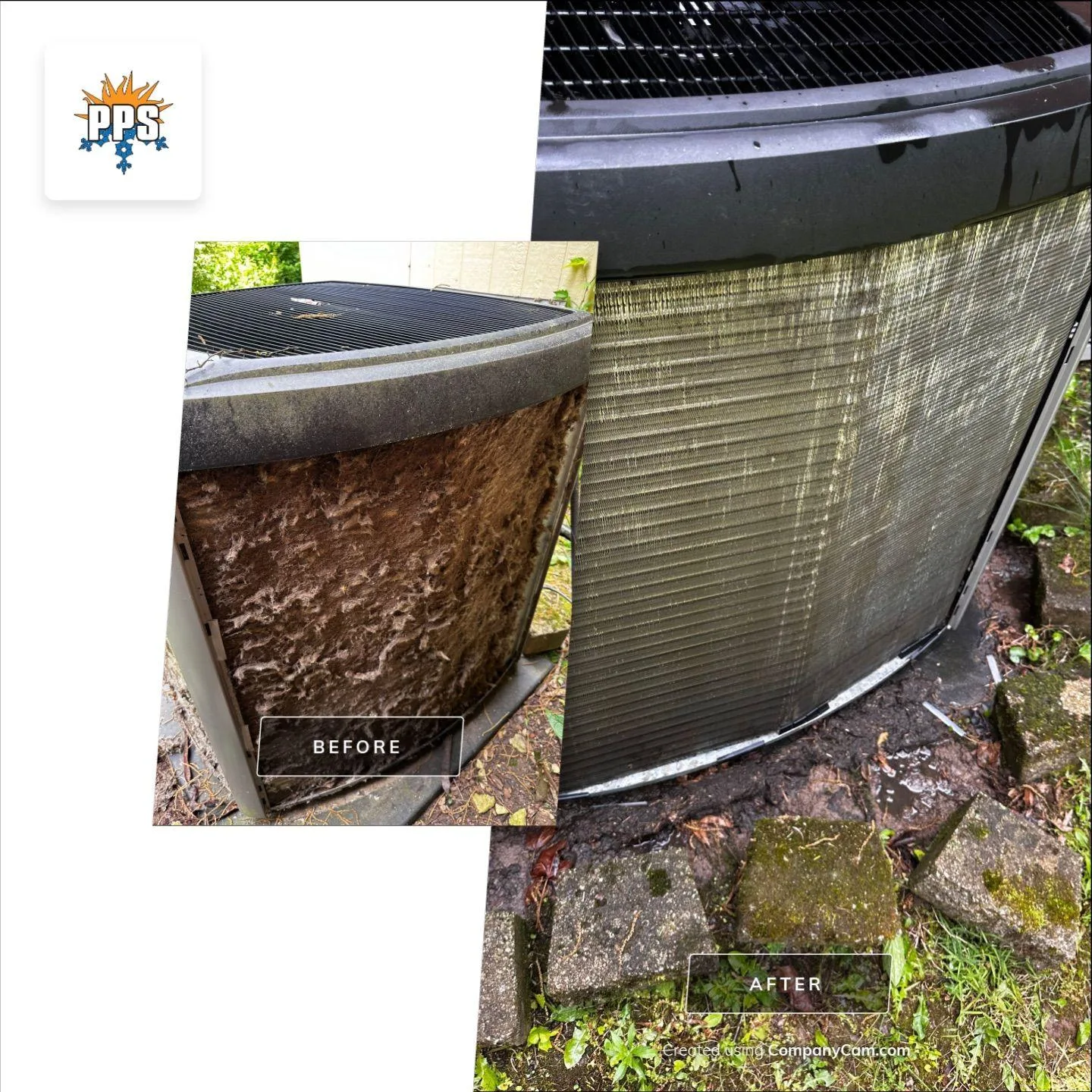 Before and after photo of a cleaned AC evaporator coil in a Plainfield, IN home