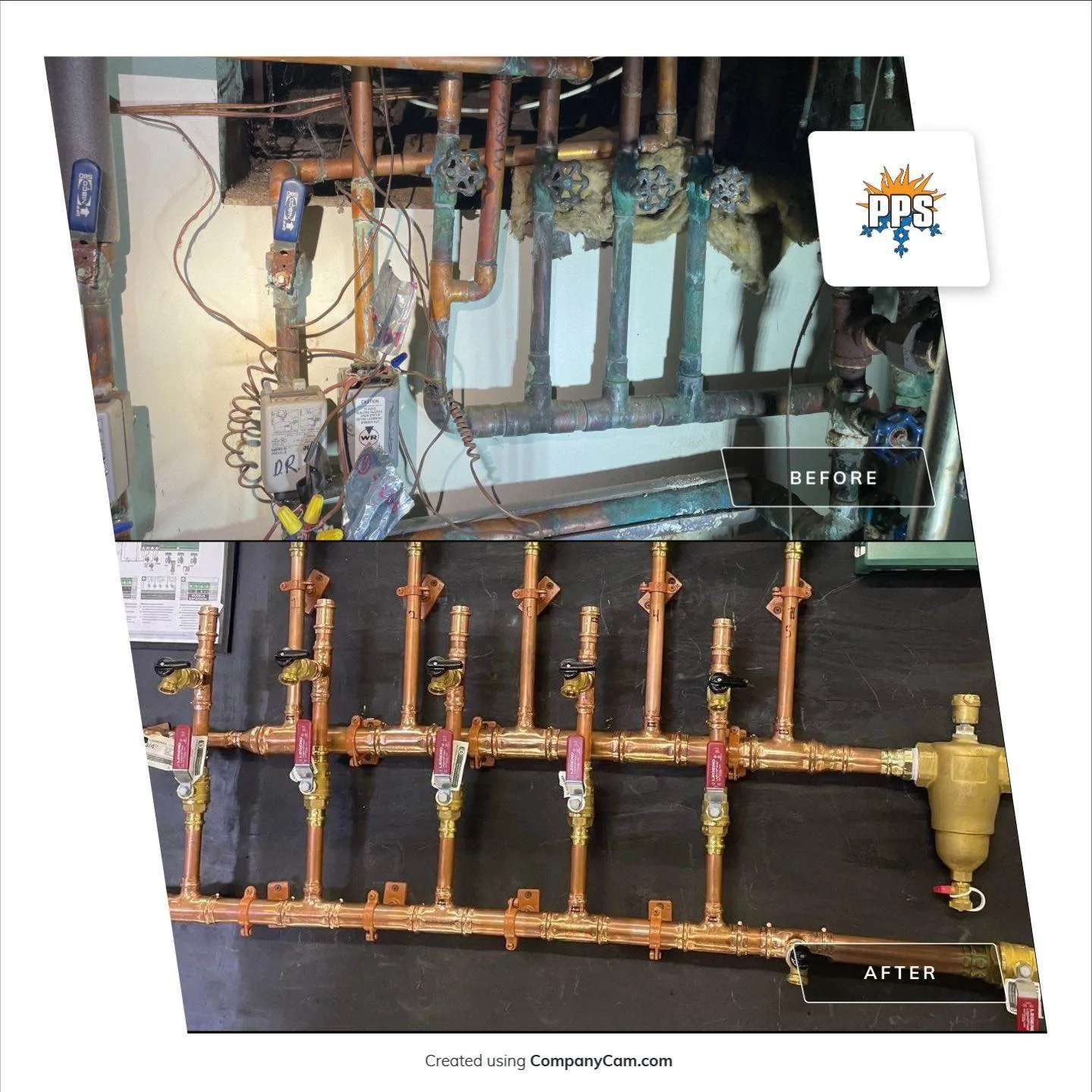 Before-and-after of a corroded boiler manifold rebuilt with clean copper and ball valves by Polley's Perfect Seasons in Plainfield, IN