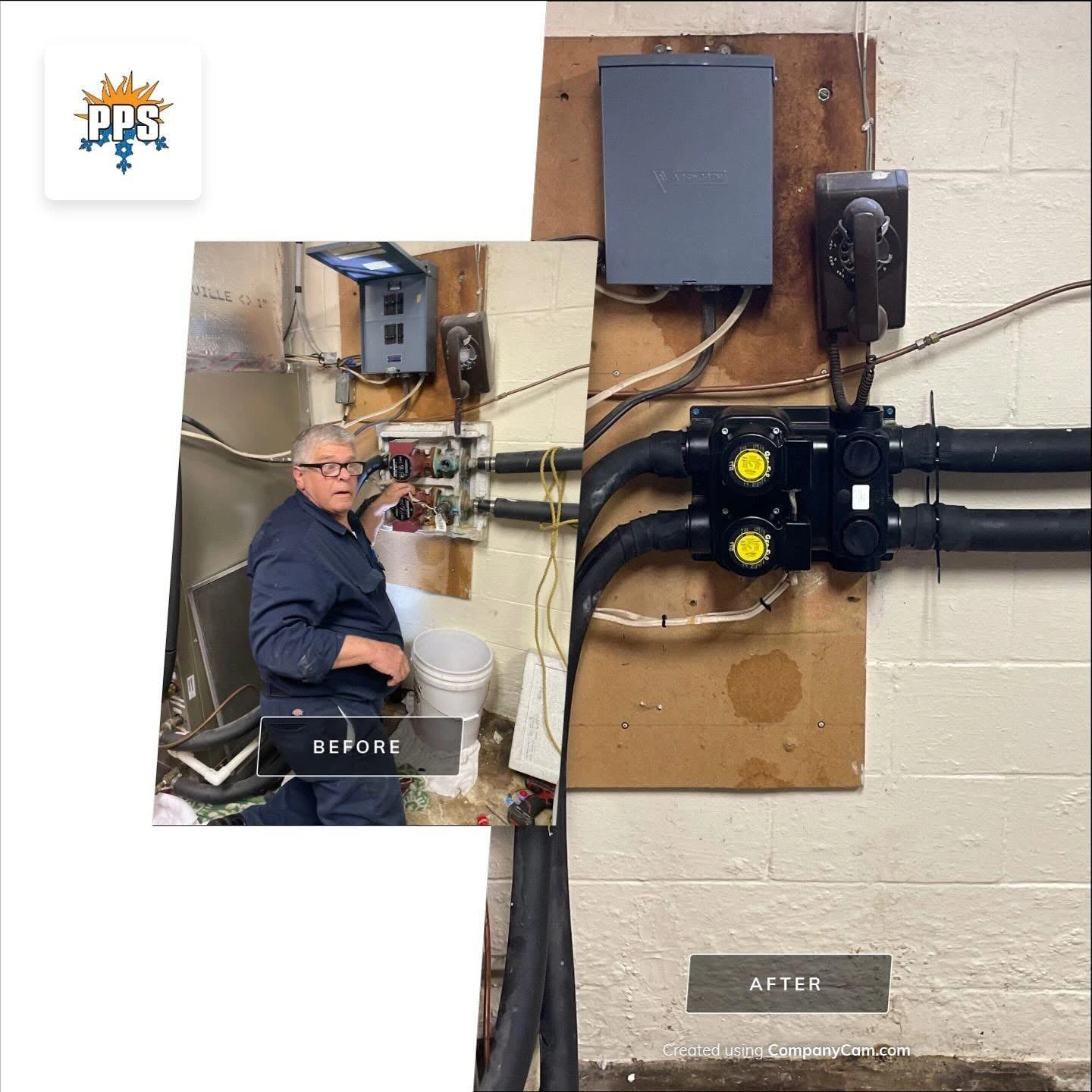 Before-and-after of failed boiler circulator pumps rebuilt in an older Mooresville, IN home