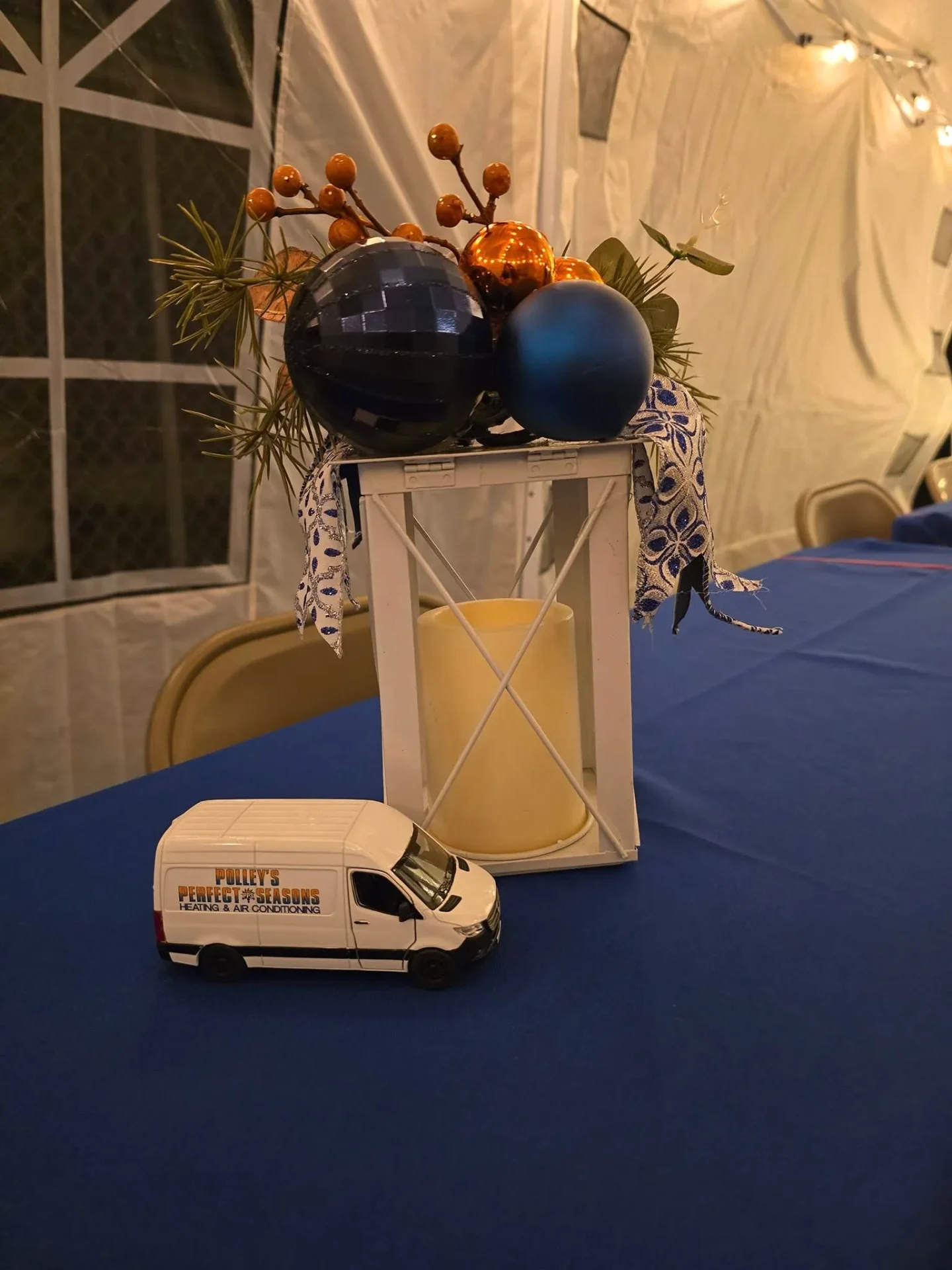 Polley's Perfect Seasons toy van centerpiece at a Plainfield community banquet