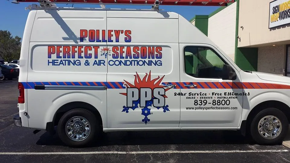Polley's Perfect Seasons branded service van on call near Clermont, IN