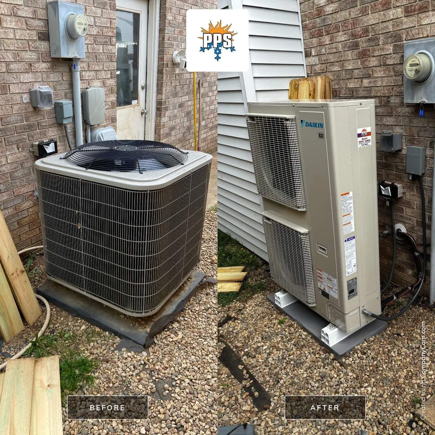 Before-and-after of a Daikin Fit replacing an aging AC condenser in Plainfield, IN