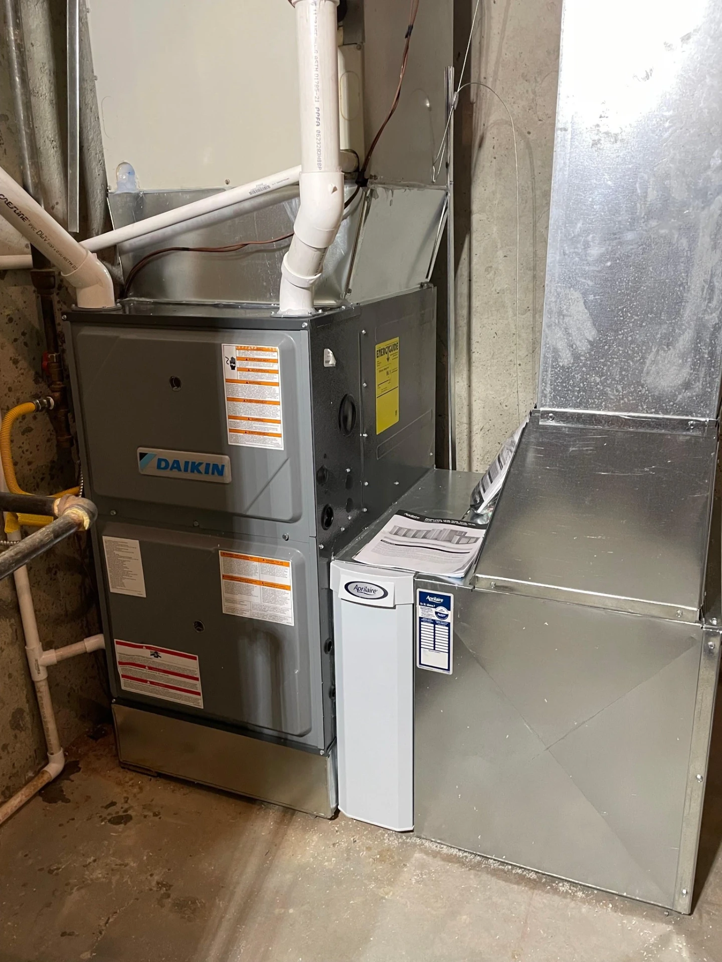 Daikin furnace air handler ready for install in a Clayton, IN basement