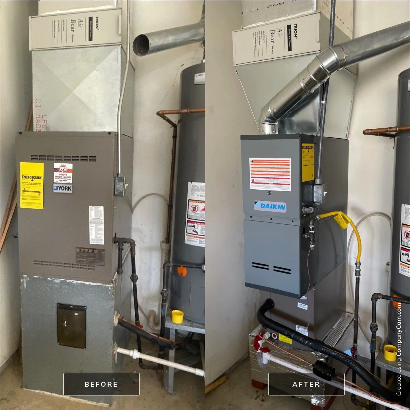 Before and after - old furnace replaced with a new Daikin in a Plainfield, IN home