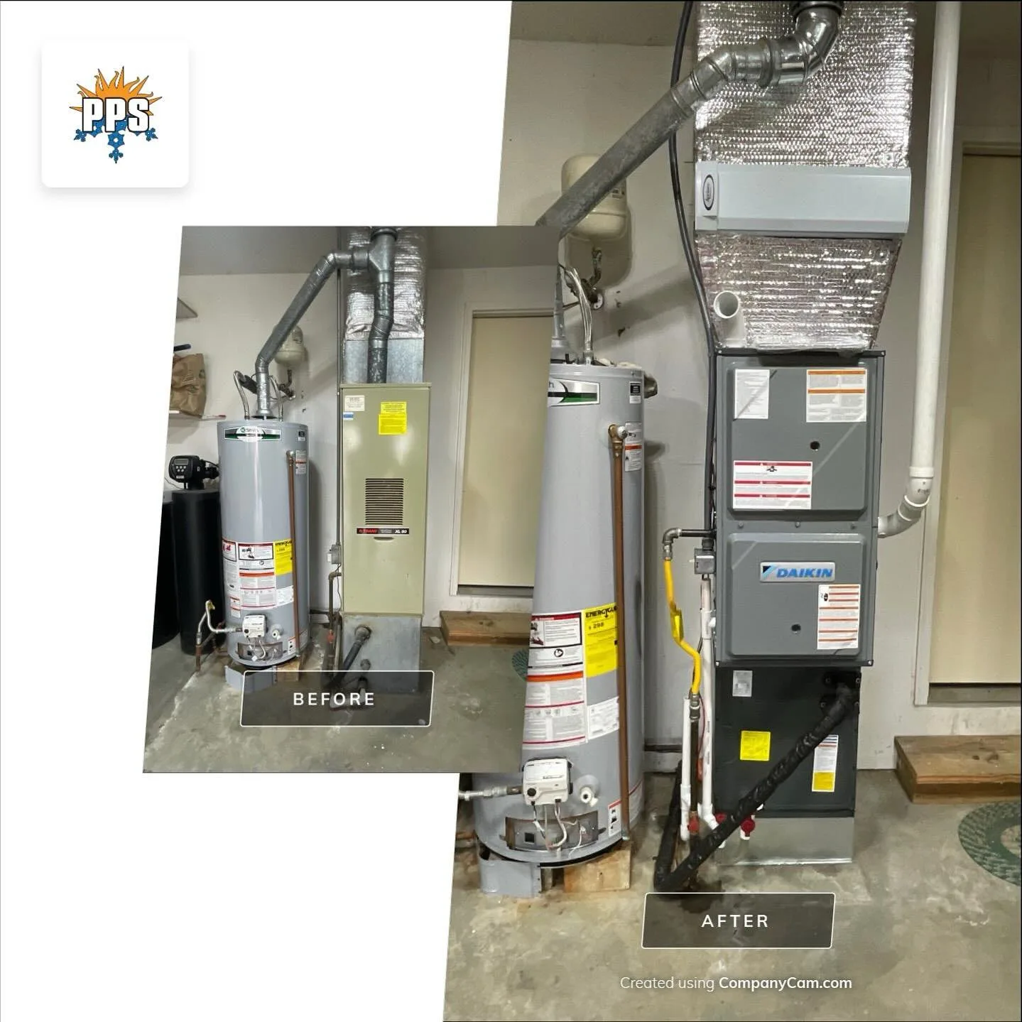 Before-and-after of a tank water heater and furnace replacement in a Plainfield, IN home