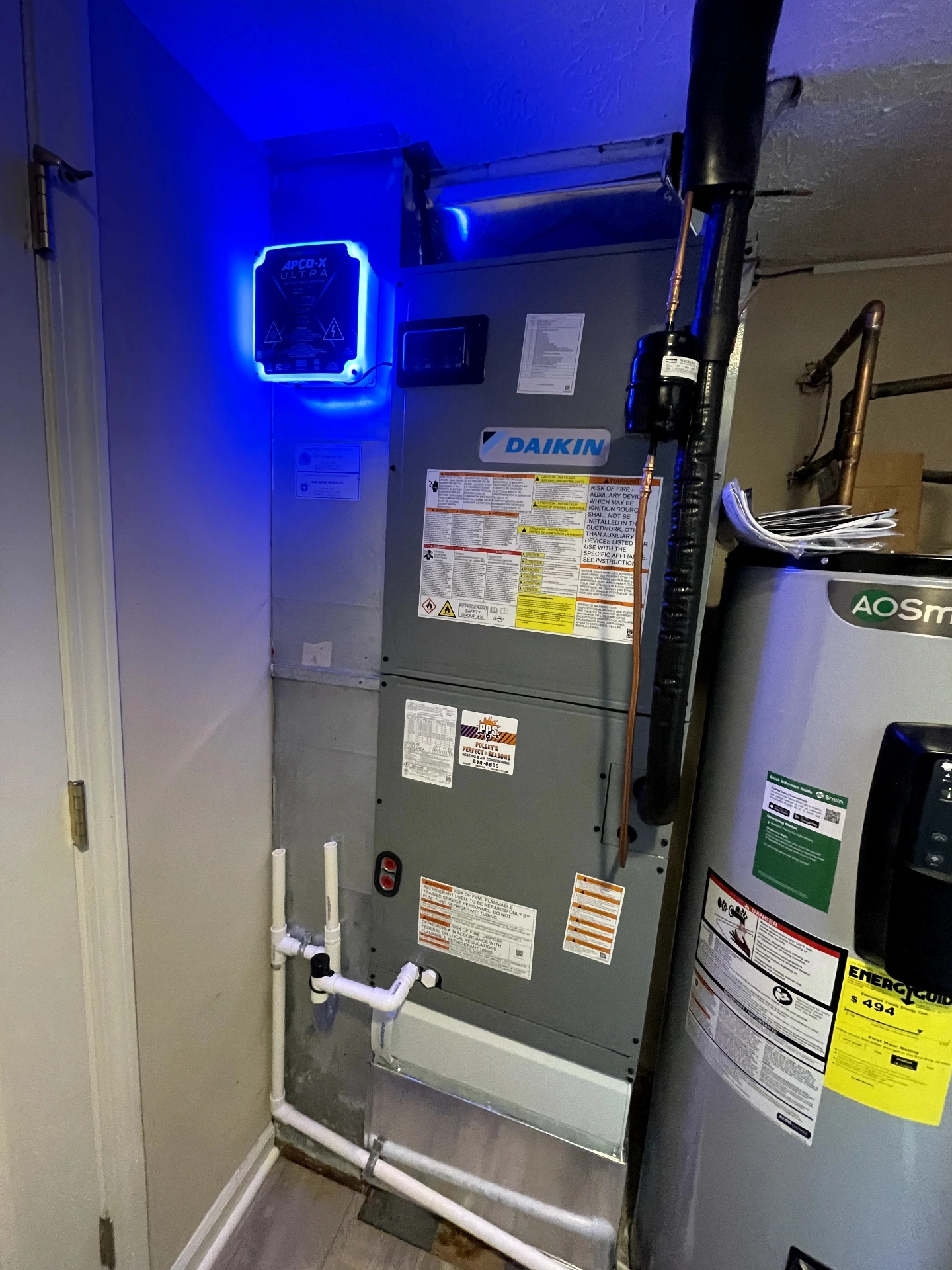 APCO-X UV air purifier installed on a Daikin air handler by Polley's Perfect Seasons in Plainfield, IN