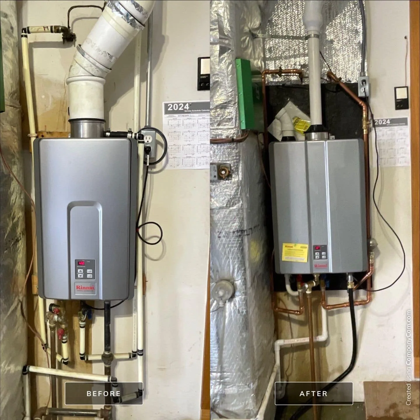 Before and after: old leaking tank water heater replaced with a Rinnai tankless unit in a Plainfield, IN home