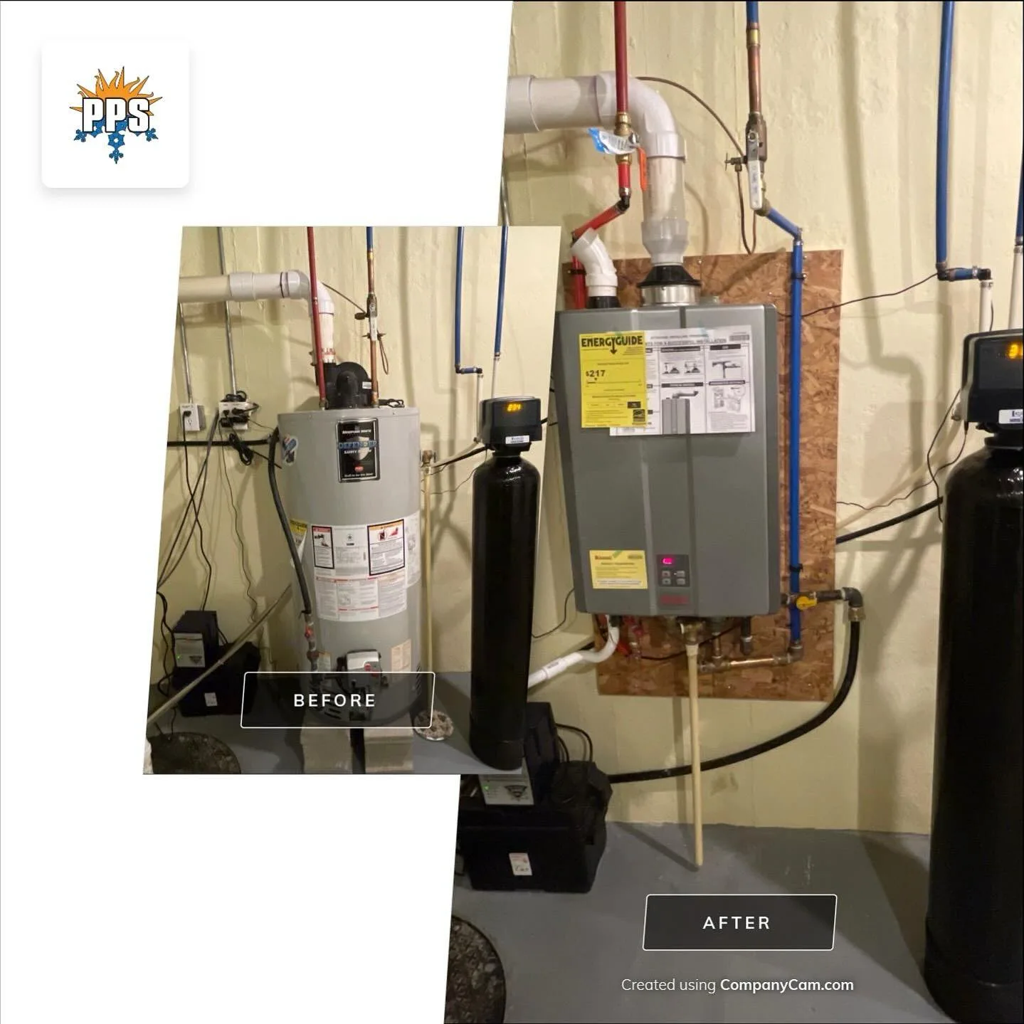 Before and after of a tank-to-Rinnai-tankless water heater conversion in Plainfield, IN